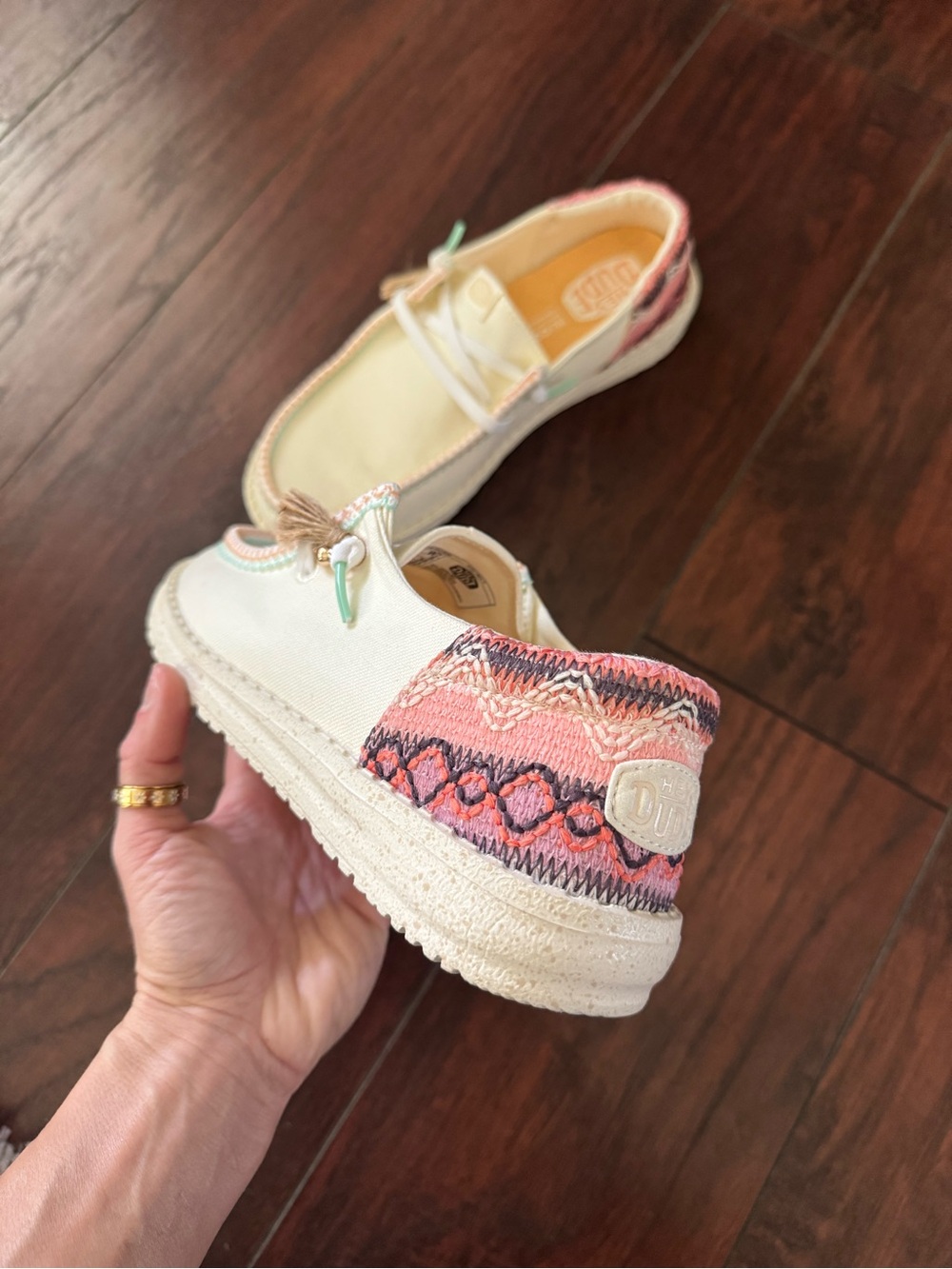 Hey Dude Cream Canvas Slip-Ons with Coral Heel and Mint Trim - Picture 3 of 6